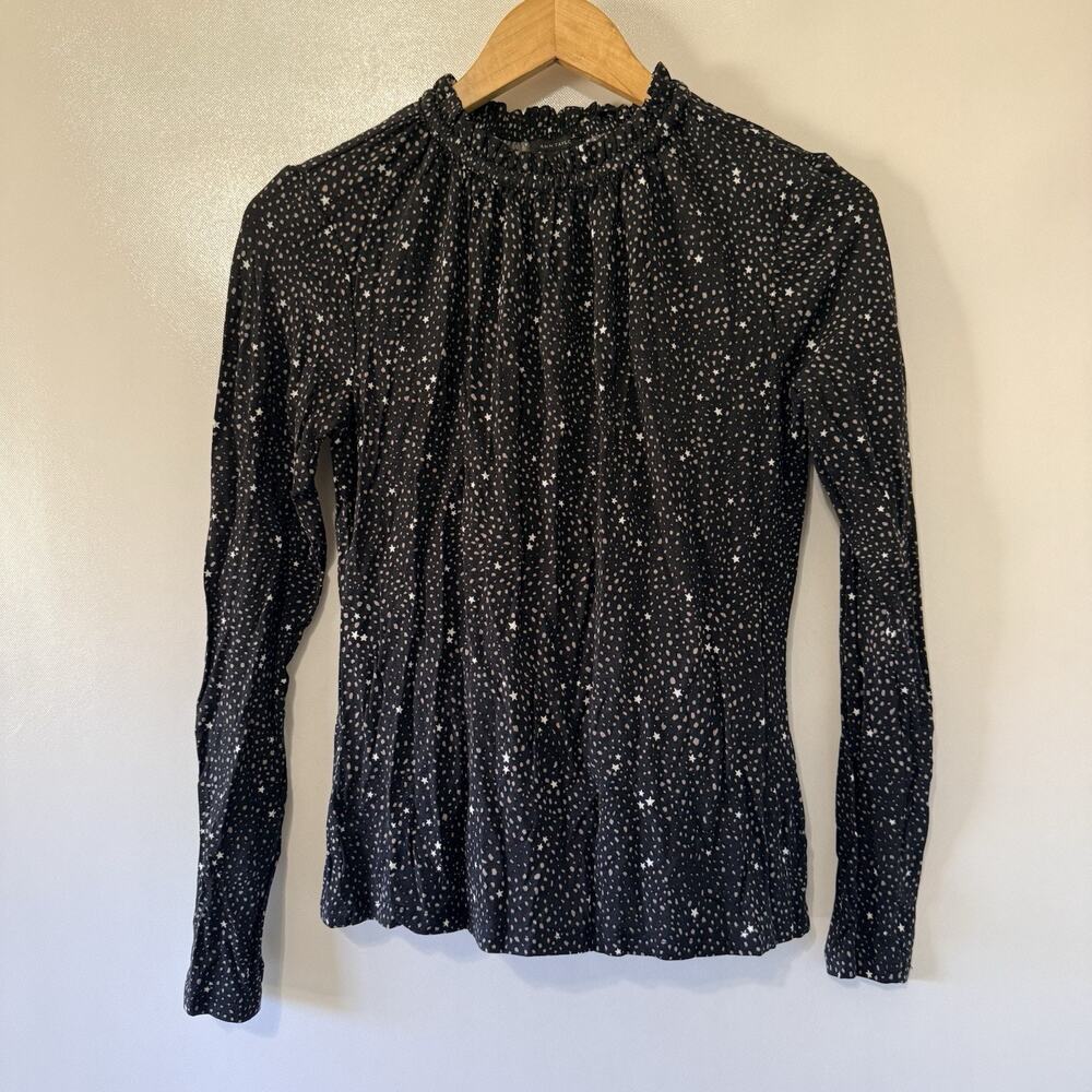 Ann Taylor Black Star Print Blouse Long Sleeve Ruffle Neck Peplum Top Women Sz S